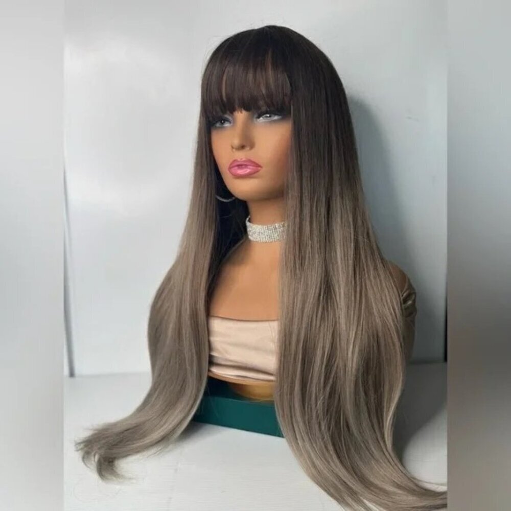 Light Ash Blonde Balayage Brown Roots long Hair Wig with Bangs 28 in Realistic - Picture 2 of 9
